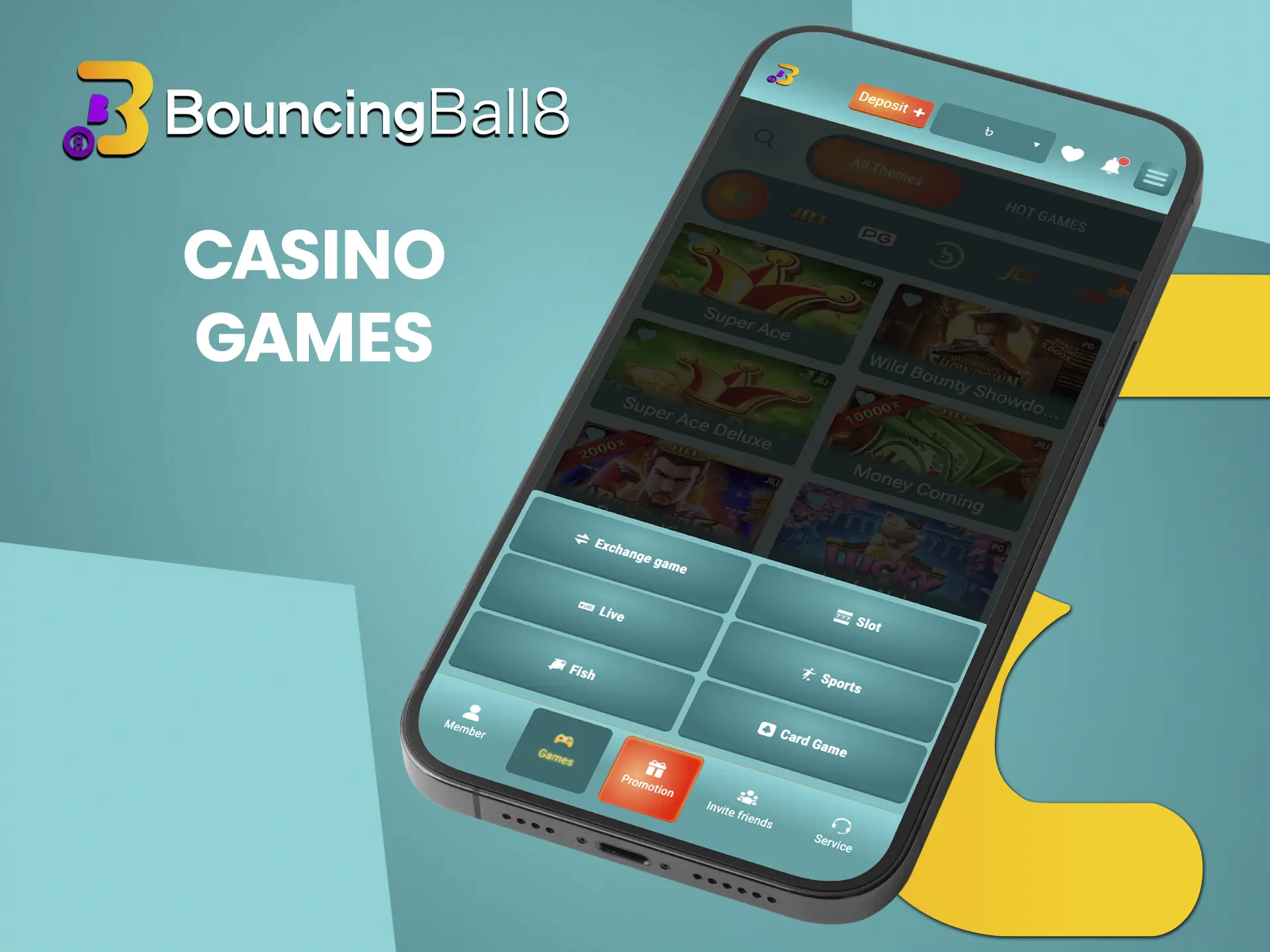 Explore the available games on the BouncingBall8 casino app.