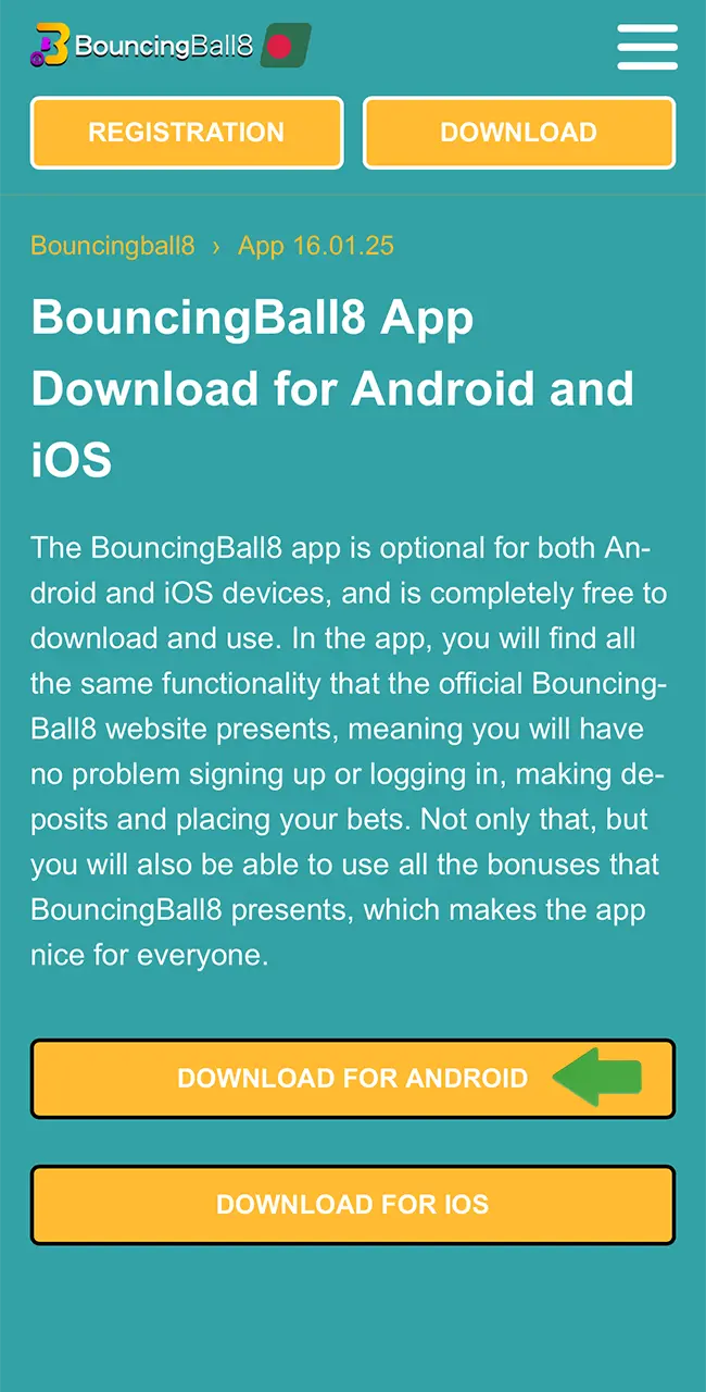 At the top of the page, select the button with the BouncingBall8 app for Android devices.